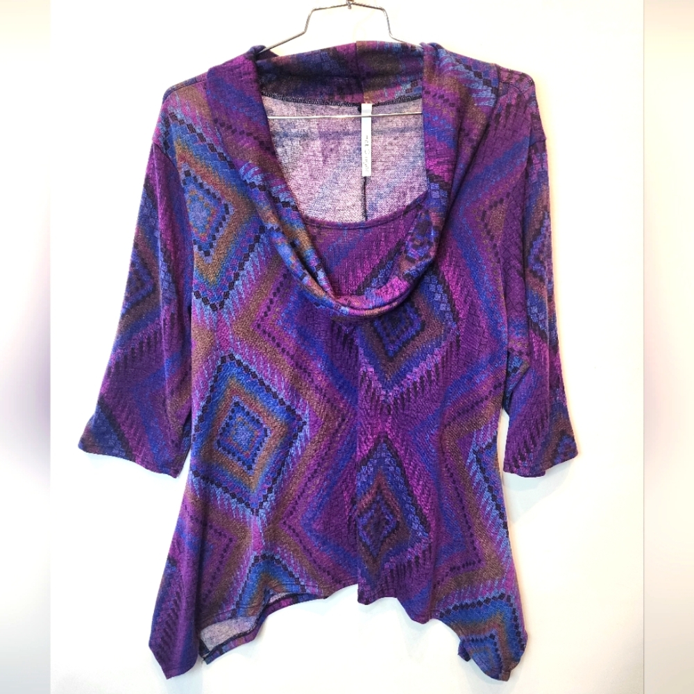 Vintage 90s Hot Ginger 3XL Festival Boho Tunic Top Geo Print Cowl Neck Top 3X